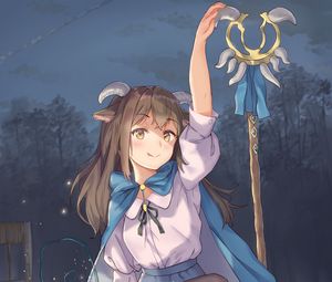 Preview wallpaper girl, demon, horns, staff, anime, art