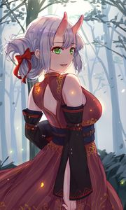 Preview wallpaper girl, demon, horns, forest, anime, art, cartoon