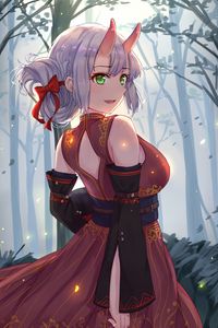 Preview wallpaper girl, demon, horns, forest, anime, art, cartoon