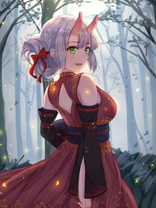 Preview wallpaper girl, demon, horns, forest, anime, art, cartoon