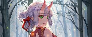 Preview wallpaper girl, demon, horns, forest, anime, art, cartoon
