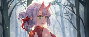 Preview wallpaper girl, demon, horns, forest, anime, art, cartoon