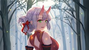 Preview wallpaper girl, demon, horns, forest, anime, art, cartoon