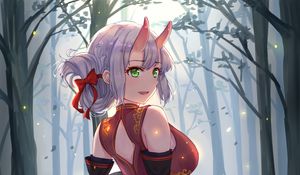 Preview wallpaper girl, demon, horns, forest, anime, art, cartoon