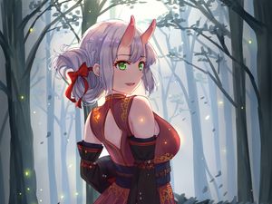 Preview wallpaper girl, demon, horns, forest, anime, art, cartoon