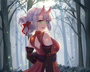 Preview wallpaper girl, demon, horns, forest, anime, art, cartoon