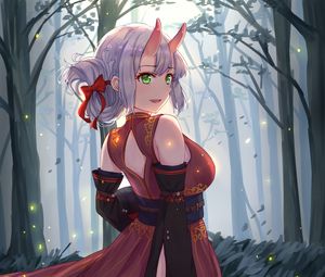 Preview wallpaper girl, demon, horns, forest, anime, art, cartoon