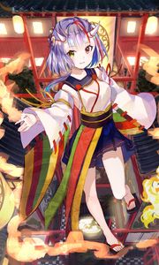 Preview wallpaper girl, demon, horns, temple, japan, anime