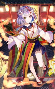 Preview wallpaper girl, demon, horns, temple, japan, anime