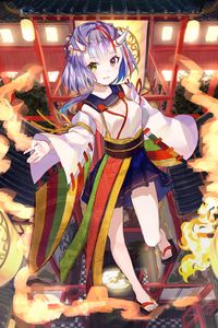 Preview wallpaper girl, demon, horns, temple, japan, anime