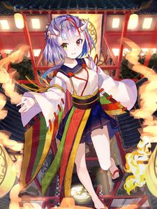 Preview wallpaper girl, demon, horns, temple, japan, anime