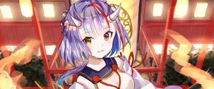 Preview wallpaper girl, demon, horns, temple, japan, anime