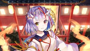 Preview wallpaper girl, demon, horns, temple, japan, anime