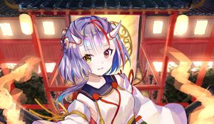 Preview wallpaper girl, demon, horns, temple, japan, anime