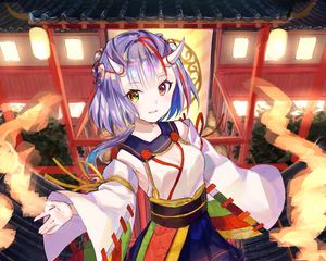 Preview wallpaper girl, demon, horns, temple, japan, anime