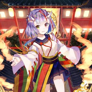 Preview wallpaper girl, demon, horns, temple, japan, anime