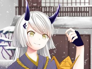 Preview wallpaper girl, demon, kimono, origami, anime