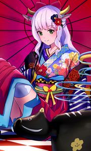 Preview wallpaper girl, demon, kimono, horns, anime, art