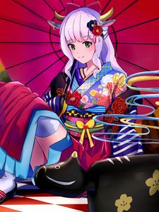 Preview wallpaper girl, demon, kimono, horns, anime, art