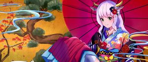 Preview wallpaper girl, demon, kimono, horns, anime, art