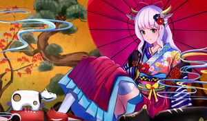 Preview wallpaper girl, demon, kimono, horns, anime, art