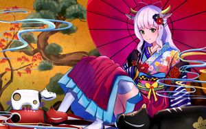 Preview wallpaper girl, demon, kimono, horns, anime, art