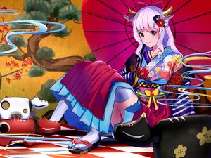 Preview wallpaper girl, demon, kimono, horns, anime, art