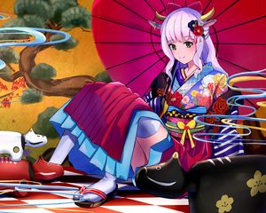 Preview wallpaper girl, demon, kimono, horns, anime, art