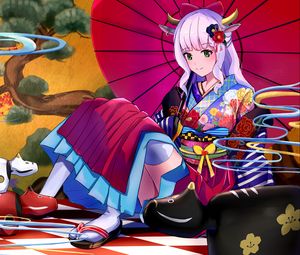 Preview wallpaper girl, demon, kimono, horns, anime, art
