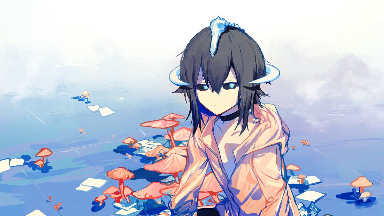 Wallpaper girl, demon, mushrooms, anime, art