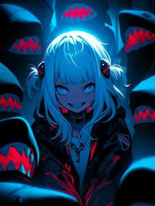 Preview wallpaper girl, demon, teeth, blue, dark, anime
