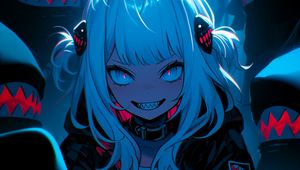 Preview wallpaper girl, demon, teeth, blue, dark, anime