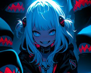 Preview wallpaper girl, demon, teeth, blue, dark, anime