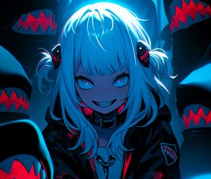 Preview wallpaper girl, demon, teeth, blue, dark, anime