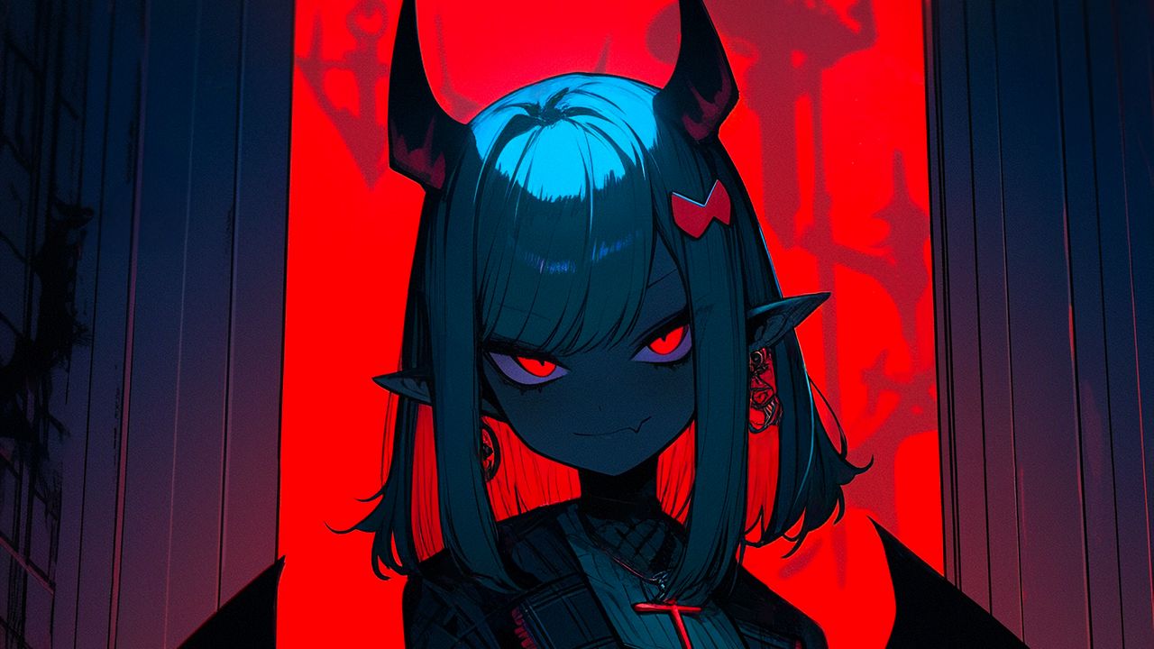 Wallpaper girl, demon, wings, horns, anime, red, dark