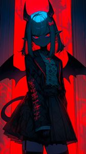 Preview wallpaper girl, demon, wings, horns, anime, red, dark