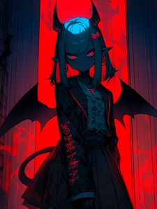 Preview wallpaper girl, demon, wings, horns, anime, red, dark