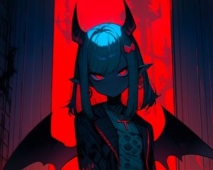 Preview wallpaper girl, demon, wings, horns, anime, red, dark