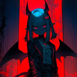 Preview wallpaper girl, demon, wings, horns, anime, red, dark