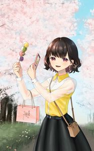 Preview wallpaper girl, dessert, photo, sakura, flowers, anime