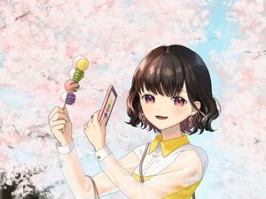 Preview wallpaper girl, dessert, photo, sakura, flowers, anime