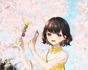 Preview wallpaper girl, dessert, photo, sakura, flowers, anime