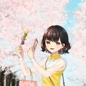 Preview wallpaper girl, dessert, photo, sakura, flowers, anime