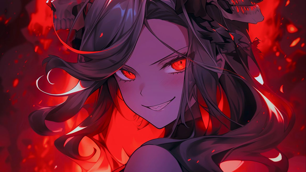 Wallpaper girl, devil, skulls, fire, art, anime