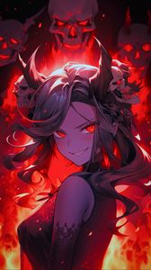 Preview wallpaper girl, devil, skulls, fire, art, anime