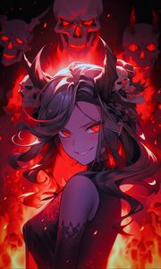 Preview wallpaper girl, devil, skulls, fire, art, anime