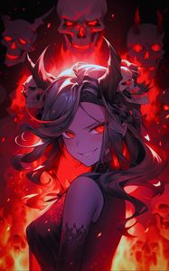 Preview wallpaper girl, devil, skulls, fire, art, anime