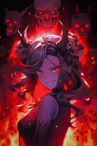 Preview wallpaper girl, devil, skulls, fire, art, anime