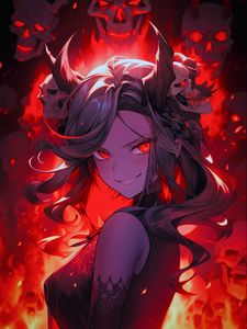 Preview wallpaper girl, devil, skulls, fire, art, anime