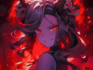 Preview wallpaper girl, devil, skulls, fire, art, anime